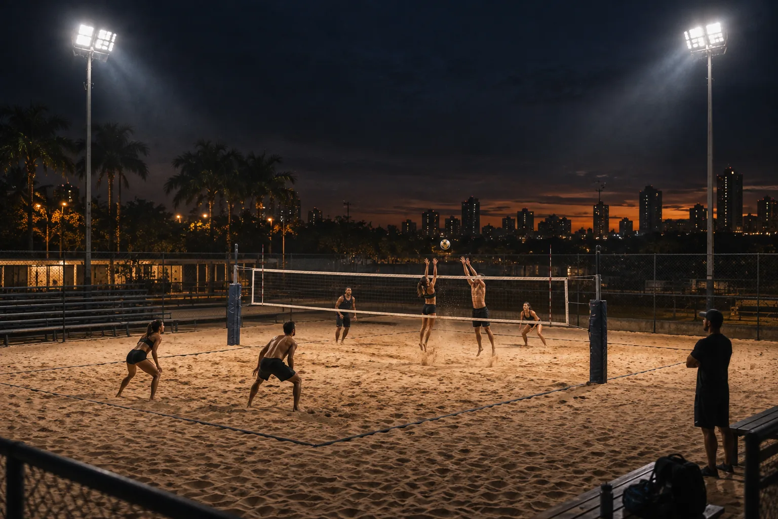 Quadra de vôlei de praia iluminada à noite com atletas em jogo