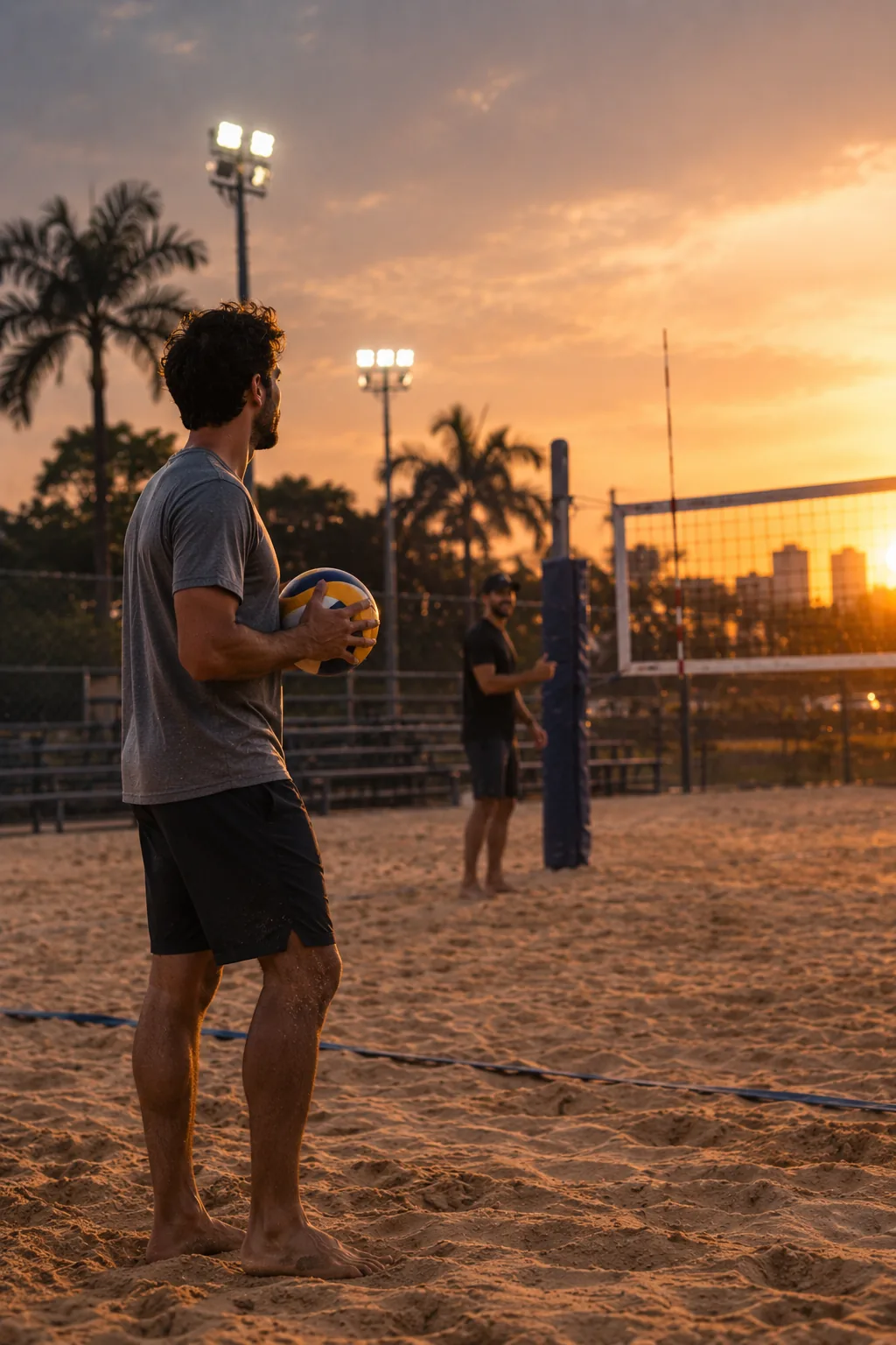 Iniciante chegando à quadra de vôlei de praia ao entardecer com a bola na mão