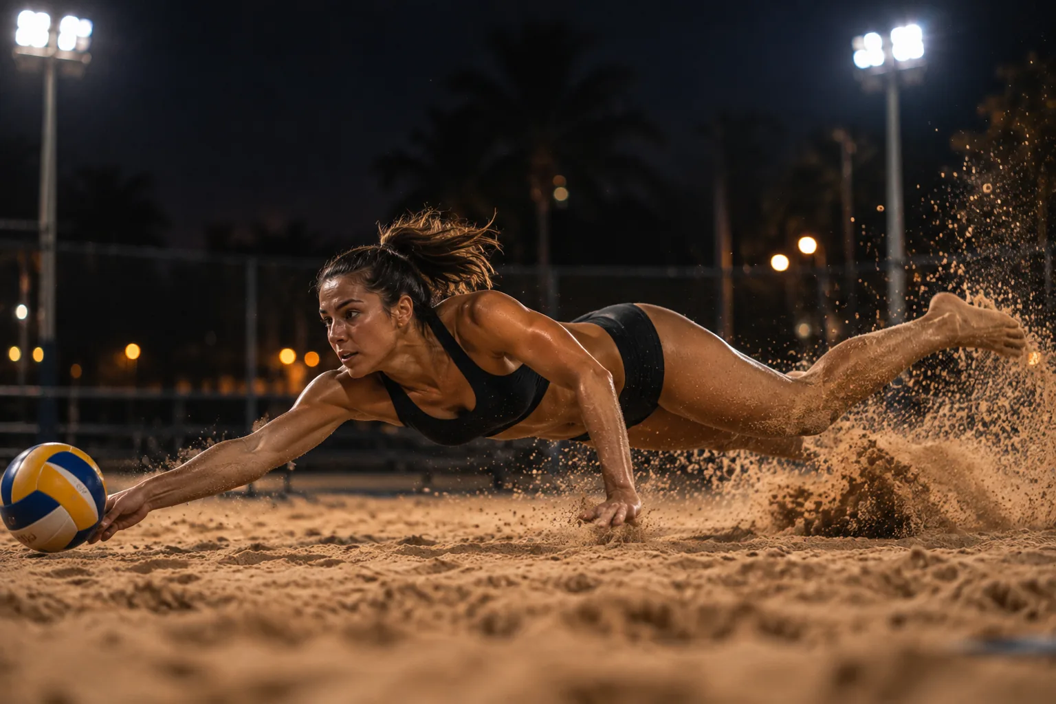 Atleta de vôlei de praia em mergulho de defesa, areia espirrando