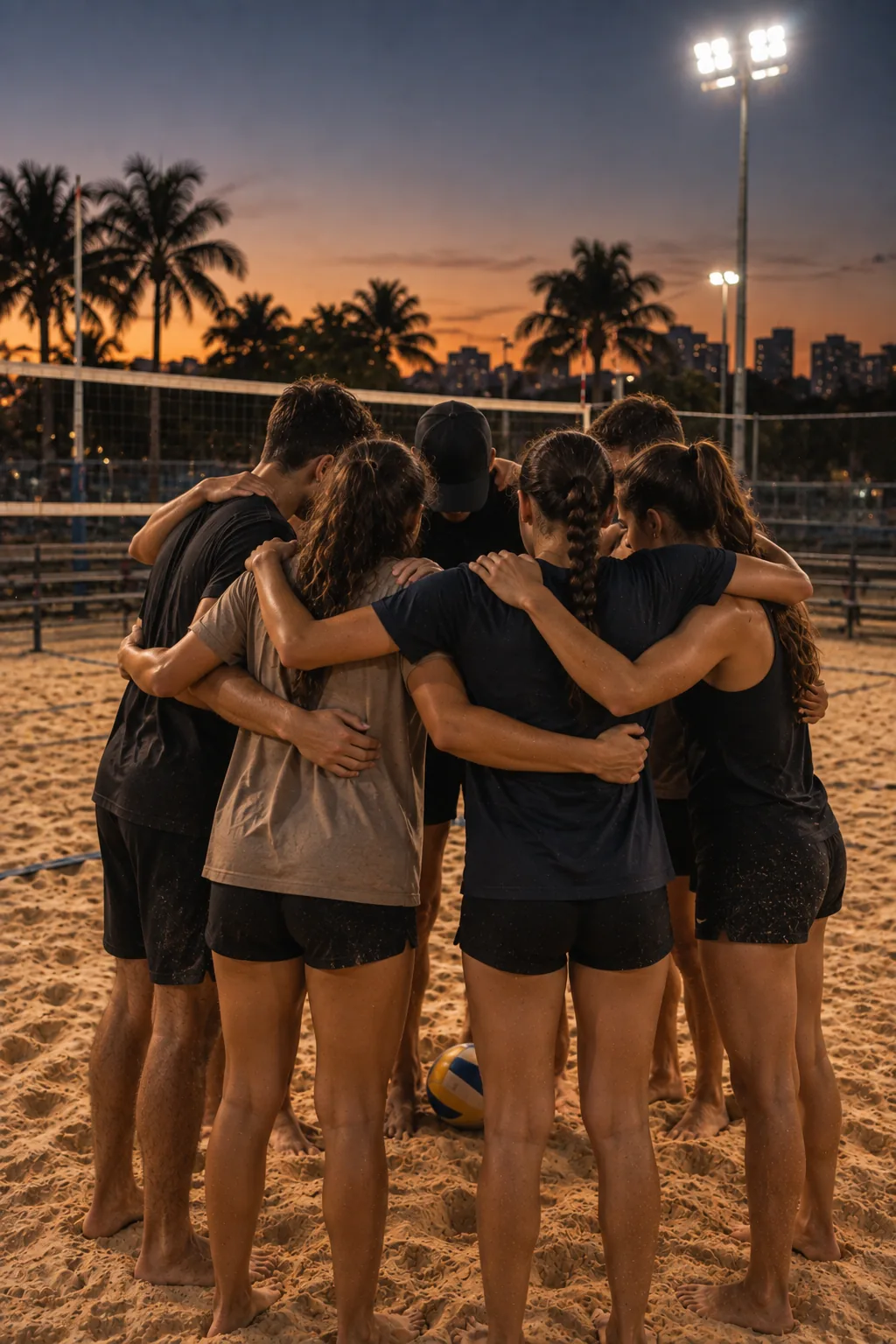 Turma de vôlei de praia em roda antes do treino