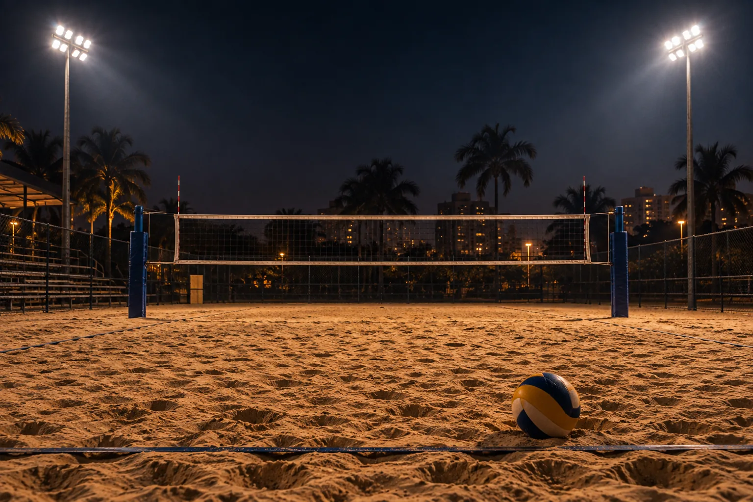 Quadra de vôlei de praia vazia iluminada à noite, rede ao centro, bola na linha de saque